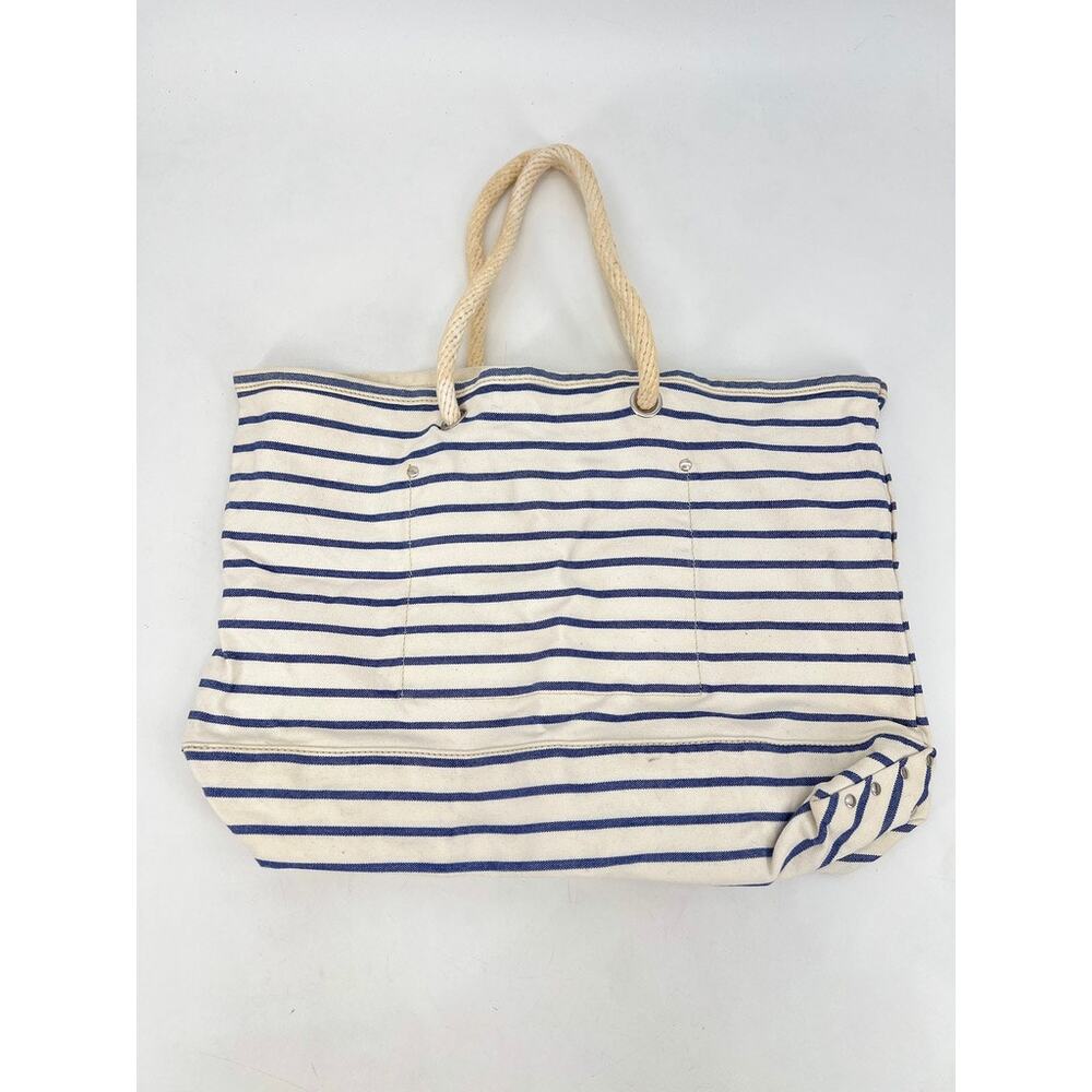 J. Crew Nautical Stripe Tote Bag with Rope Handles Cream and Blue Cotton Canvas - Picture 7 of 8